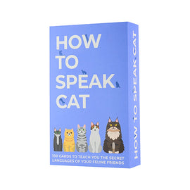 How to Speak Cat Cards by Gift Republic featuring a colorful box with illustrations of six different cats. It includes 100 cards designed to teach users the secret languages of their feline friends.