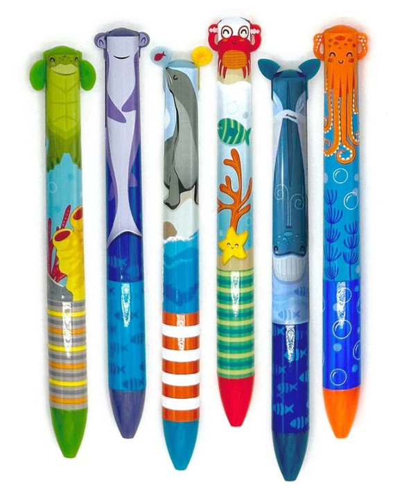 A vibrant set of six Sea Life Aquarium Pens by Snifty, featuring colorful designs of sea animals such as turtles, whales, dolphins, and jellyfish. Each pen has a unique character cap and ocean-themed illustrations, perfect for adding fun to writing or crafting.