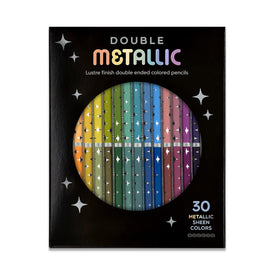 A sleek black box containing 30 double-ended metallic colored pencils. Each pencil features a lustrous finish and is arranged in a circular design with shimmer stars on the packaging. The vibrant colors range from earthy tones to bright shades, perfect for art enthusiasts and crafters.