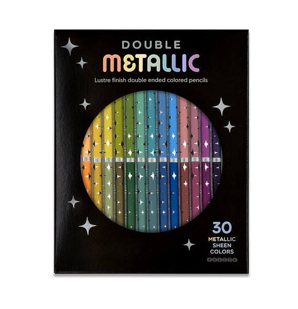 A sleek black box containing 30 double-ended metallic colored pencils. Each pencil features a lustrous finish and is arranged in a circular design with shimmer stars on the packaging. The vibrant colors range from earthy tones to bright shades, perfect for art enthusiasts and crafters.