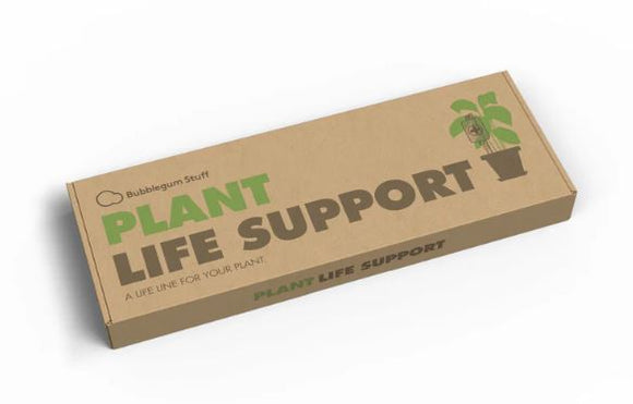 A brown cardboard box labeled 'Plant Life Support' with a green plant illustration and the tagline 'A life line for your plant' by Bubblegum Stuff USA, designed to support plant care.
