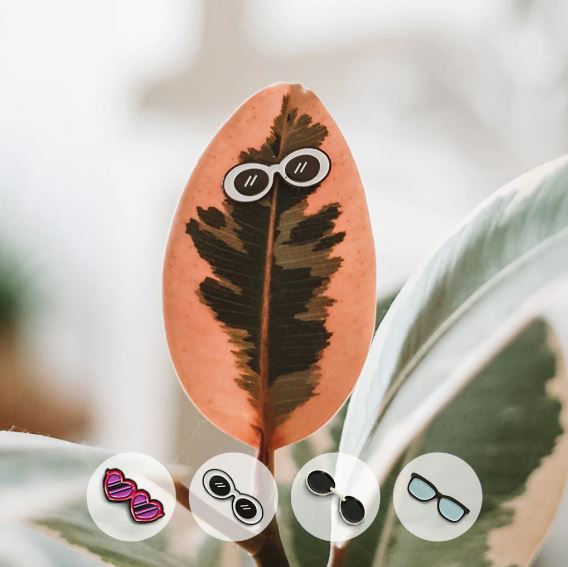Eufolia Plant Magnet Eyecons 4 glasses displayed creatively on a colorful leaf. The glasses feature playful designs, including round black glasses, a pair of heart-shaped glasses, and more, perfect for adding a whimsical touch to plants.
