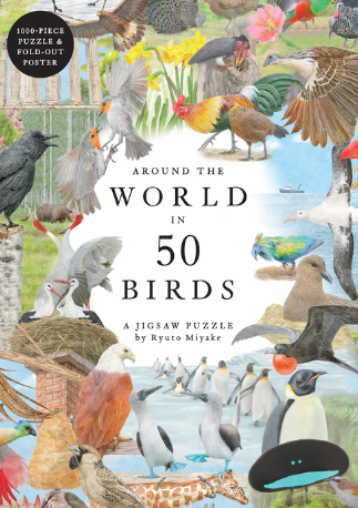 The 'Around the World in 50 Birds' jigsaw puzzle features a vibrant and detailed illustration of various bird species from around the globe. The design showcases diverse habitats and colorful birds, making it both an engaging puzzle and a visual delight. Accompanying the puzzle is a fold-out poster that enhances the experience, highlighting the beauty of avian life.