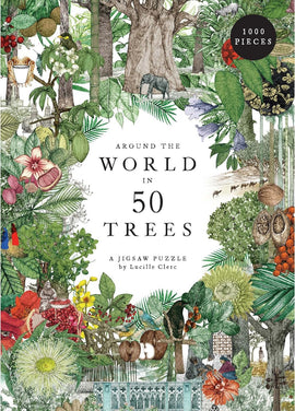 A vibrant jigsaw puzzle titled 'Around the World in 50 Trees' featuring intricate illustrations of various trees, plants, and wildlife. The puzzle contains 1000 pieces and is designed by Lucille Clerc, showcasing a rich tapestry of nature from around the globe.