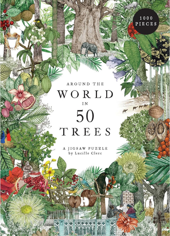 A vibrant jigsaw puzzle titled 'Around the World in 50 Trees' featuring intricate illustrations of various trees, plants, and wildlife. The puzzle contains 1000 pieces and is designed by Lucille Clerc, showcasing a rich tapestry of nature from around the globe.