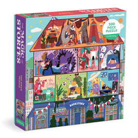 The Magic of Stories jigsaw puzzle by Mudpuppy featuring colorful illustrations depicting various storytelling scenes. The puzzle box showcases vibrant artwork with characters, bookshops, and whimsical elements, inviting users to engage in a fun and imaginative puzzle experience. The puzzle contains 500 pieces.