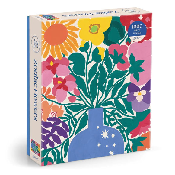 Zodiac Flowers jigsaw puzzle box featuring a vibrant illustration of a vase filled with colorful flowers. The design includes various floral motifs such as sunflowers, pink blossoms, and leafy greens, set against a cream background. The puzzle contains 1000 pieces, ideal for flower lovers and puzzle enthusiasts.