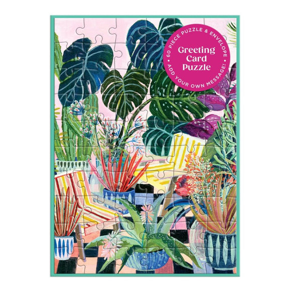 A vibrant 60-piece greeting card puzzle from Galison featuring a colorful illustration of various potted plants, ideal for sending personalized messages. The puzzle comes with an envelope for easy gifting.