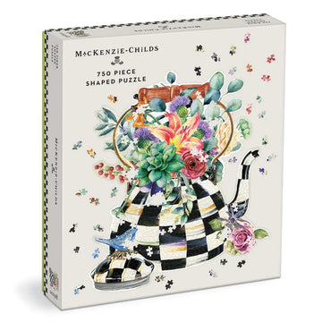 The Blooming Kettle Shaped Puzzle by Galison showcases a beautifully illustrated teapot overflowing with vibrant flowers and succulents. This colorful, 750-piece jigsaw puzzle is uniquely shaped like a kettle, featuring rich floral designs and a classic black and white checkered pattern. Perfect for puzzle enthusiasts and floral lovers, it offers a creative challenge while bringing a touch of charm to your home.