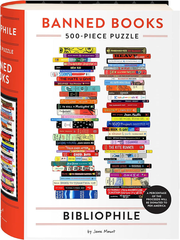 A vibrant 500-piece jigsaw puzzle titled 'Bibliophile Banned Books' by Chronicle Books, showcasing a colorful array of classic book spines representing banned literature. The packaging features prominent book titles and a note indicating a percentage of proceeds will be donated to PEN America.