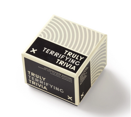The Truly Terrifying Trivia game by Brass Monkey is packaged in an eye-catching cube box featuring bold black text on a white background. The box design showcases wavy patterns, emphasizing its fun and unique trivia challenge with 250 entertaining questions across various categories.