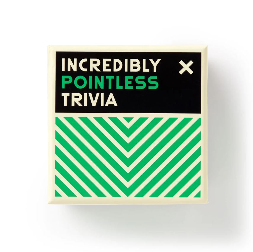 A box of the trivia game 'Incredibly Pointless Trivia' by Brass Monkey. The box features a bold design with black and green colors. The title is prominently displayed in white and green text, set against a black background with a geometric green stripe pattern at the bottom.