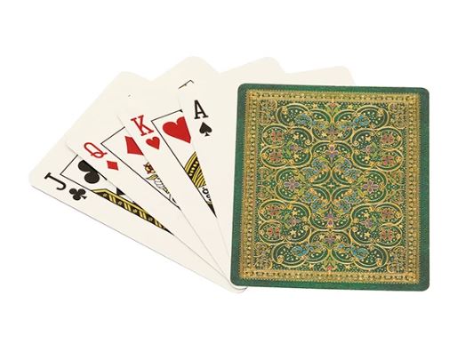 Pinnacle Playing Cards by Paperblanks displayed with a vibrant, intricately designed back. The image shows the top cards, including a Jack, Queen, King, and Ace, featuring elegant illustrations and traditional suit symbols.