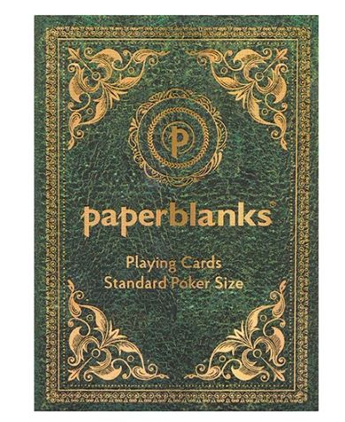 Pinnacle Playing Cards by Paperblanks, featuring a luxurious green design with gold embellishments. The packaging highlights 'Standard Poker Size' and intricate decorative patterns, making it a stylish option for card games.