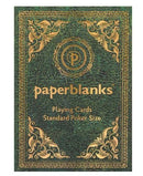 Pinnacle Playing Cards by Paperblanks, featuring a luxurious green design with gold embellishments. The packaging highlights 'Standard Poker Size' and intricate decorative patterns, making it a stylish option for card games.