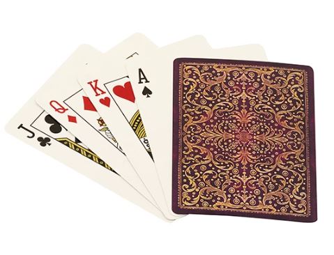 Aurelia Playing Cards by Paperblanks displayed with a selection of face cards including the Jack, Queen, King, and Ace from Hearts and Spades, featuring intricate designs and a richly decorated back. The cards are fanned out to showcase their elegant artwork.