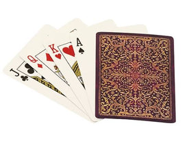 Aurelia Playing Cards by Paperblanks displayed with a selection of face cards including the Jack, Queen, King, and Ace from Hearts and Spades, featuring intricate designs and a richly decorated back. The cards are fanned out to showcase their elegant artwork.