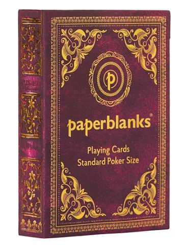 Aurelia Playing Cards by Paperblanks, featuring an elegantly designed box with ornate gold patterns on a rich burgundy background, labeled 'Standard Poker Size.' The luxurious packaging showcases the quality and artistry of the product, making it an ideal choice for card games and collectors alike.