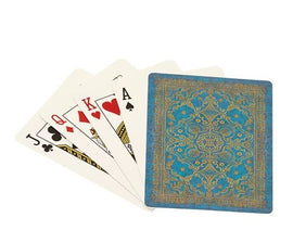 A vibrant set of Azure Playing Cards by Paperblanks, featuring beautifully designed backs in blue with intricate gold patterns. The front displays classic card faces, including a Jack, Queen, King, and Ace of Hearts, showcasing an elegant casino fit for games and gatherings.