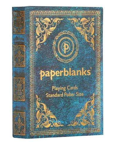 Azure Playing Cards by Paperblanks feature a stunning blue and gold designed box with intricate floral patterns. This set includes standard poker-sized playing cards, perfect for games and gatherings.