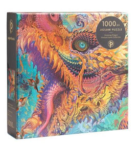 The Humming Dragon jigsaw puzzle box features a vibrant and intricate design of a dragon surrounded by colorful patterns and a hummingbird. The box contains 1000 pieces and is part of the Animal Jigsaw Collection by Paperblanks. The artwork showcases rich colors and mesmerizing details, perfect for puzzle enthusiasts.