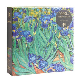 A jigsaw puzzle featuring Vincent Van Gogh's iconic painting 'Irises.' The box displays a vibrant image of blue irises blooming among lush green leaves. The puzzle contains 1000 pieces, ideal for art lovers and puzzle enthusiasts.