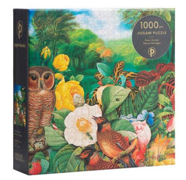 A detailed image of the 'Moon Garden' jigsaw puzzle by Paperblanks, featuring lush greenery, colorful flowers, and various birds, including an owl and a partridge. The puzzle consists of 1000 pieces and showcases vibrant and intricate artwork emphasizing nature's beauty. The packaging is eye-catching with a prominent brand logo and product information.