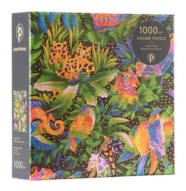 Jungle Song jigsaw puzzle by Paperblanks, featuring a vibrant and intricate design with lush foliage, colorful birds, and whimsical creatures. The puzzle contains 1000 pieces, ideal for both casual and serious puzzle enthusiasts looking for a beautiful and engaging challenge.