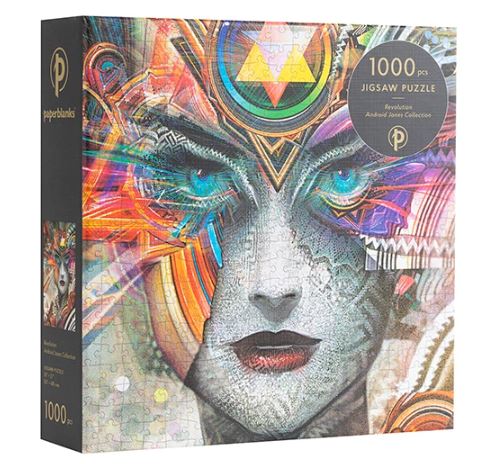 Paperblanks Revolution jigsaw puzzle featuring a vibrant, intricate design with a woman's face, colorful patterns, and geometric shapes. The puzzle contains 1000 pieces, ideal for art and puzzle enthusiasts looking for a challenging and visually stunning experience.