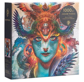 The Dharma Dragon jigsaw puzzle by Paperblanks showcases a vibrant and intricate design featuring a dragon intertwined with a striking, colorful face. This 1000-piece puzzle offers a captivating visual experience, blending fantasy and artistry for hours of engaging entertainment.