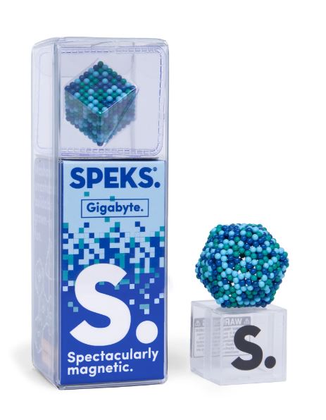 The Speks Pixel Gigabyte is a colorful, magnetic fidget toy featuring small, spherical magnets that can be manipulated into various shapes. The toy is packaged in a transparent box displaying a hexagonal shape made of vibrant blue and teal beads. The front of the box showcases the SPEKS logo and a playful design, emphasizing its fun and creative potential.