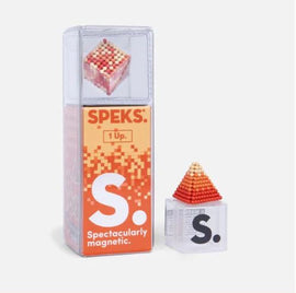 The Speks Pixel 1 Up is a visually intriguing magnetic construction kit featuring a pyramid shape made of small colored balls. It comes in a transparent package with a vibrant red and orange design, showcasing its fun and creativity-enhancing potential.