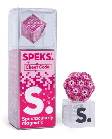 The Speks Pixel Cheat Code is a unique magnetic fidget toy showcasing an intricate design of pink and white magnetic balls, housed in a clear plastic container. It encourages creativity and puzzle-solving skills, making it a fun desk accessory and stress reliever.