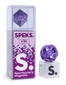 The Speks Pixel 8 Bit is a magnetic fidget toy featuring colorful purple beads, designed for creative building and stress relief. The package showcases a geometric shape made from the beads, emphasizing its versatility and fun. A sleek box displays the brand SPEKS and highlights the product's magnetic properties.