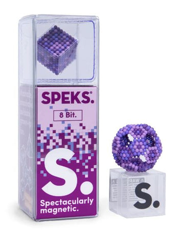 The Speks Pixel 8 Bit is a magnetic fidget toy featuring colorful purple beads, designed for creative building and stress relief. The package showcases a geometric shape made from the beads, emphasizing its versatility and fun. A sleek box displays the brand SPEKS and highlights the product's magnetic properties.