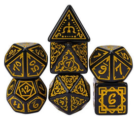 A collection of intricately designed polyhedral dice featuring a black background with golden numbers and decorative motifs. The set includes various shapes such as a d20, d12, and d6, all stacked creatively to showcase their unique designs, perfect for tabletop gaming enthusiasts.