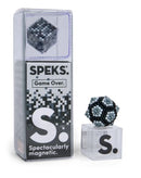 SPEKS Pixel Game Over is a set of colorful magnetic spheres that can be molded into various shapes and structures. The product comes in a clear box with a printed design showcasing the versatility and fun of the magnetic pieces. It includes a display stand for showcasing creations.