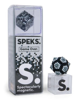 SPEKS Pixel Game Over is a set of colorful magnetic spheres that can be molded into various shapes and structures. The product comes in a clear box with a printed design showcasing the versatility and fun of the magnetic pieces. It includes a display stand for showcasing creations.