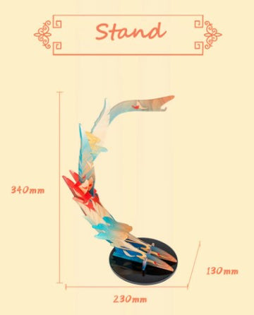 An artistic Flaming Plume Stand designed for displaying metal models, featuring a vibrant design with colorful accents. The stand measures 340mm in height, 230mm in width, and 130mm in depth, making it a stylish addition to any collection.