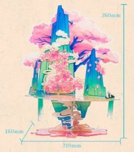 The Peach Blossom Spring Flat Stand YM-ZJ026 by Mu Model features a vibrant design showcasing blooming pink cherry blossoms against stylized mountains. The stand dimensions are 210mm wide, 160mm tall, and 260mm deep, making it a decorative piece ideal for various DIY projects.