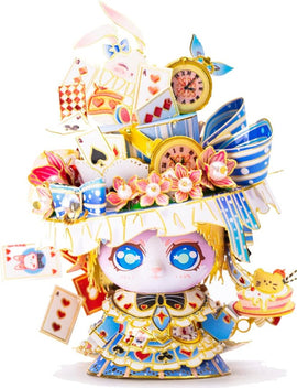 A colorful DIY model of Alice's Hat featuring vibrant decorations such as playing cards, flowers, and a character with blue eyes holding a cake. The intricate design showcases a whimsical aesthetic, ideal for model enthusiasts.