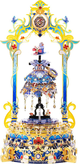 Alice's Adventure Metal Model by Mu Model is a colorful DIY kit featuring a beautifully intricate design of Alice and whimsical elements like butterflies and clocks. The model showcases a delightful dress adorned with flowers and accessories, set within a decorative frame, perfect for collectors and craft enthusiasts.