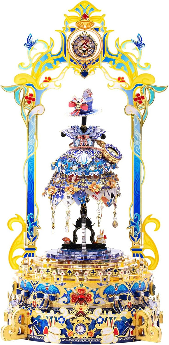 Alice's Adventure Metal Model by Mu Model is a colorful DIY kit featuring a beautifully intricate design of Alice and whimsical elements like butterflies and clocks. The model showcases a delightful dress adorned with flowers and accessories, set within a decorative frame, perfect for collectors and craft enthusiasts.