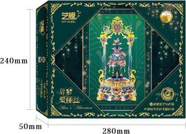 Alice's Adventure Metal Model by Mu Model showcases a beautifully designed DIY kit featuring vibrant colors and intricate detailing, perfect for craft enthusiasts. The packaging highlights its high quality and includes dimensions, making it an ideal gift for creative minds.