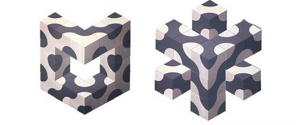 Wunderkarten - Illusions by MeterMorphosen, featuring a mechanical puzzle with unique geometric pieces in beige and dark patterns. The puzzle pieces create a captivating 3D effect, making it an engaging and intricate design that stimulates the mind while providing entertainment.