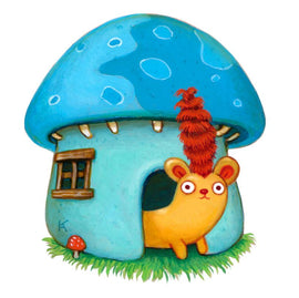 The Mojo Shaped Puzzle features a vibrant and whimsical illustration of a cute, yellow animal with large eyes peeking out from a blue mushroom-shaped house surrounded by green grass. The artwork captures a playful and imaginative tone, making it an engaging jigsaw puzzle for all ages.