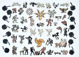 The jigsaw puzzle 'Cranes, Cycads and Wistiria' by Liberty Puzzles features an intricate and colorful arrangement of unique, themed puzzle pieces. The puzzle designs showcase detailed illustrations of nature motifs, animals, and whimsical characters, inviting enthusiasts to enjoy both the challenge of assembly and the beauty of the artwork.