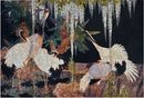 A beautiful jigsaw puzzle titled 'Cranes, Cycads and Wistiria' by Liberty Puzzles, featuring elegant cranes among lush cycads and flowering wisteria. The intricate design showcases the delicate details of the cranes, surrounded by vivid greenery and blossoms, inviting puzzle enthusiasts to explore its artistry piece by piece.