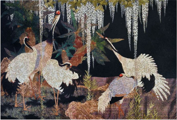 A beautiful jigsaw puzzle titled 'Cranes, Cycads and Wistiria' by Liberty Puzzles, featuring elegant cranes among lush cycads and flowering wisteria. The intricate design showcases the delicate details of the cranes, surrounded by vivid greenery and blossoms, inviting puzzle enthusiasts to explore its artistry piece by piece.