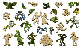 A colorful assortment of wooden jigsaw puzzle pieces featuring whimsical designs, including birds, dancers, and abstract shapes. The pieces showcase vibrant greens and blues, emphasizing the Connecticut Warbler theme. Each piece is uniquely shaped for an engaging puzzling experience.